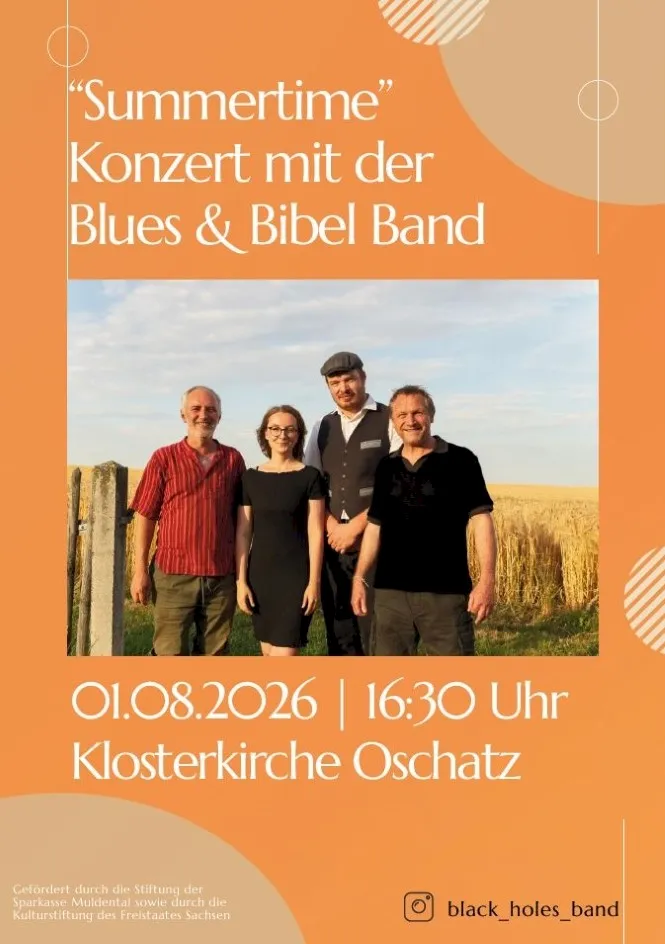 Plakat: „Summertime“, Konzert mit der Blues & Bibel Band am 01.08.2026 in der Klosterkirche Oschatz