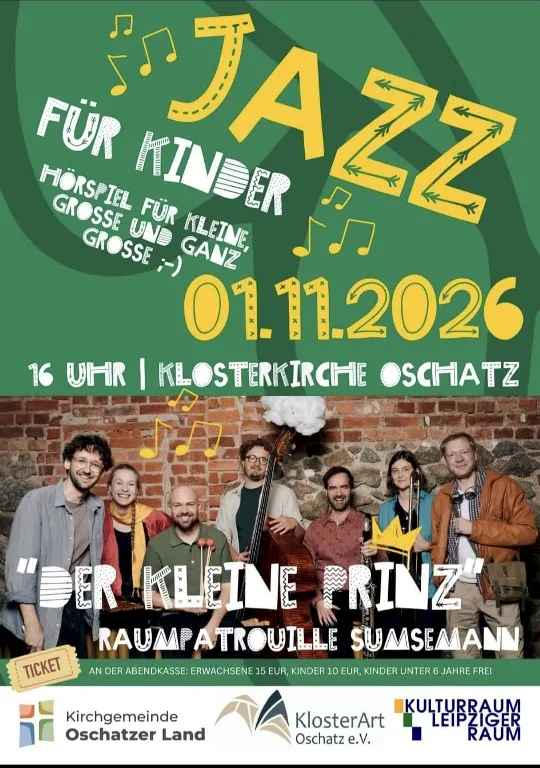Plakat: Jazz für Kinder – „Der kleine Prinz“ mit der Raumpatrouille Summsemann, 1. November 2026, 16 Uhr, Klosterkirche Oschatz